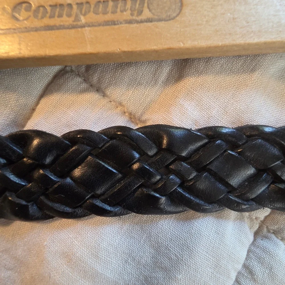 Talbots Braided Leather Belt Womens XL Black Woven Square Buckle Turkey